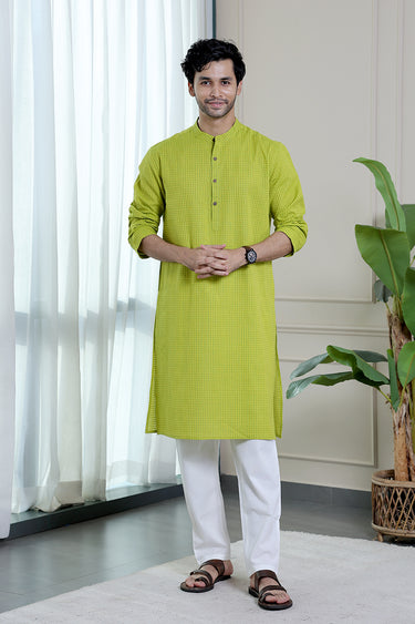 Lime Green Checks South Cotton Men Long Kurta