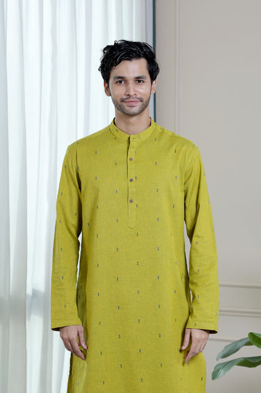 Lime Green Dobby Slub South Cotton Men Long Kurta