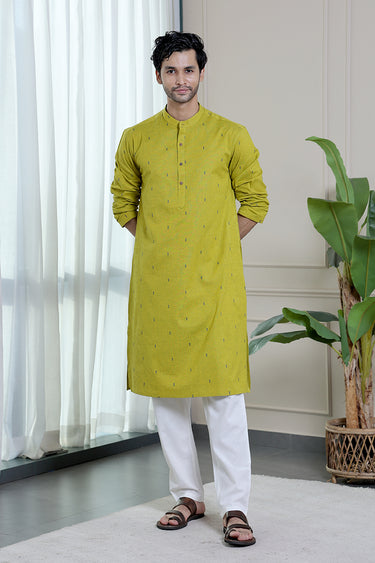 Lime Green Dobby Slub South Cotton Men Long Kurta