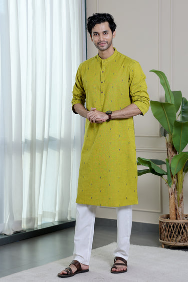 Lime Green Dobby Slub South Cotton Men Long Kurta