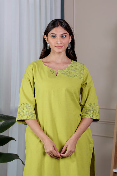 Lime Green Hand Embroidery Fine Cotton Women Long Kurta