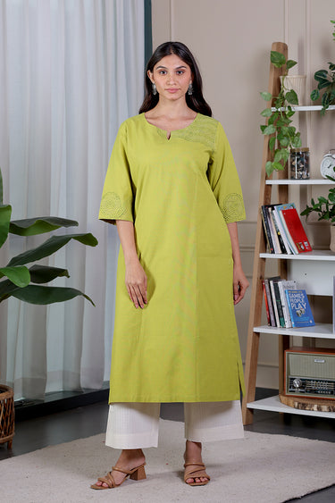 Lime Green Hand Embroidery Fine Cotton Women Long Kurta