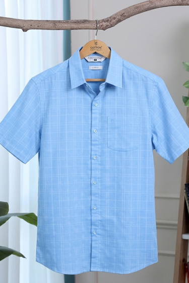 Powder Blue Dobby Checks Natural Cotton Linen Men Shirt