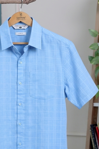 Powder Blue Dobby Checks Natural Cotton Linen Men Shirt