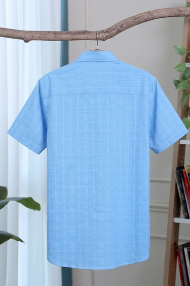 Powder Blue Dobby Checks Natural Cotton Linen Men Shirt