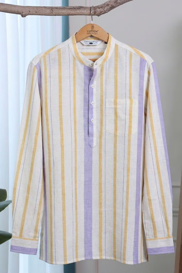 Lilac Mustard Stripes Natural Cotton Linen Men Short Kurta