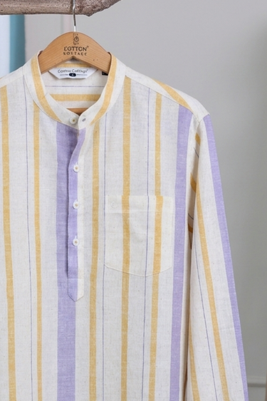 Lilac Mustard Stripes Natural Cotton Linen Men Short Kurta