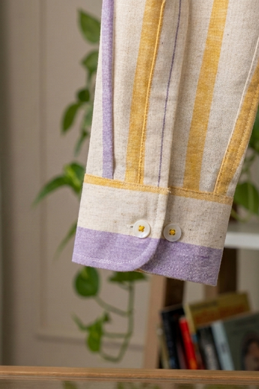 Lilac Mustard Stripes Natural Cotton Linen Men Short Kurta