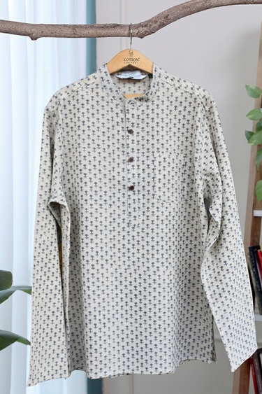 Steel Grey Sanganeri Natural Cotton Linen Men Short Kurta