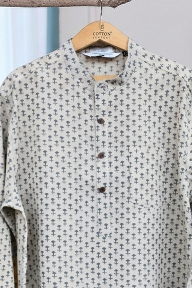 Steel Grey Sanganeri Natural Cotton Linen Men Short Kurta