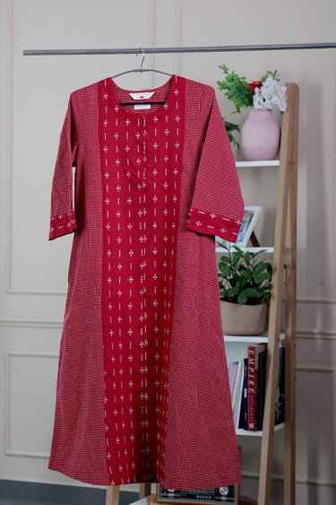 Maroon Dobby Checks South Cotton Women Long Kurta
