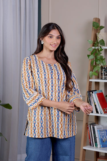 Mustard Blue Bagru Lite Cotton Flax Women Kurti