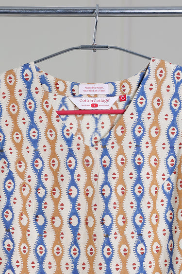 Mustard Blue Bagru Lite Cotton Flax Women Short Top