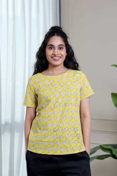 Bright Yellow Bagru Lite Cotton Flax Women Short Top