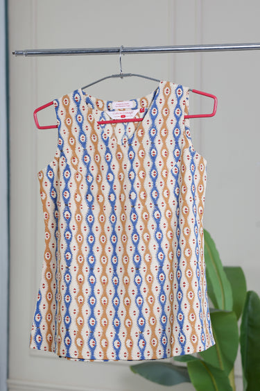 Mustard Blue Bagru Lite Cotton Flax Women Short Top