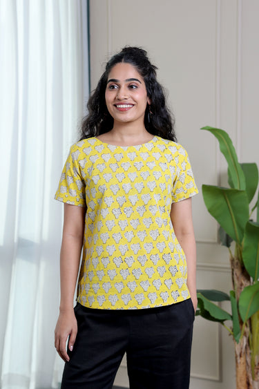 Bright Yellow Bagru Lite Cotton Flax Women Short Top