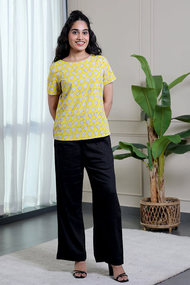 Bright Yellow Bagru Lite Cotton Flax Women Short Top