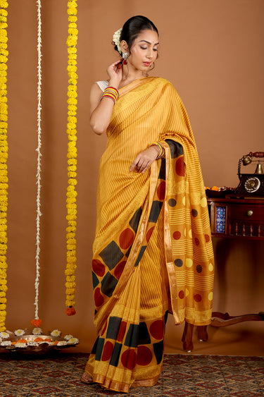 Mustard Sanganeri Chanderi Silk Saree