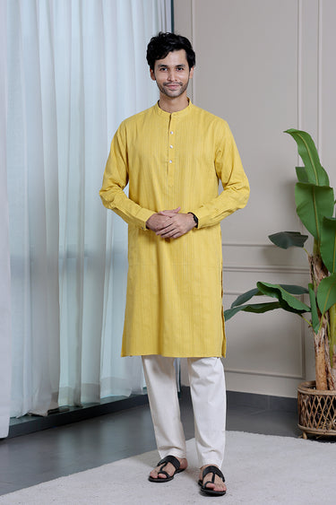 Mustard Yellow Dobby Stripes Natural Cotton Linen Men Long Kurta