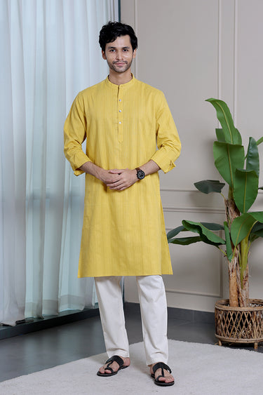Mustard Yellow Dobby Stripes Natural Cotton Linen Men Long Kurta