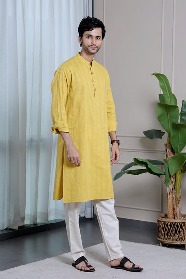 Mustard Yellow Dobby Stripes Natural Cotton Linen Men Long Kurta