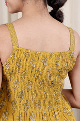 Mustard Ajrakh Cotton Women Midi Dress Sleeveless WDRSL09244.