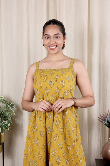 Mustard Ajrakh Cotton Women Midi Dress Sleeveless WDRSL09244.