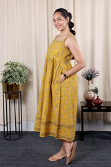 Mustard Ajrakh Cotton Women Midi Dress Sleeveless WDRSL09244.