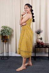 Mustard Ajrakh Cotton Women Midi Dress Sleeveless WDRSL09244.
