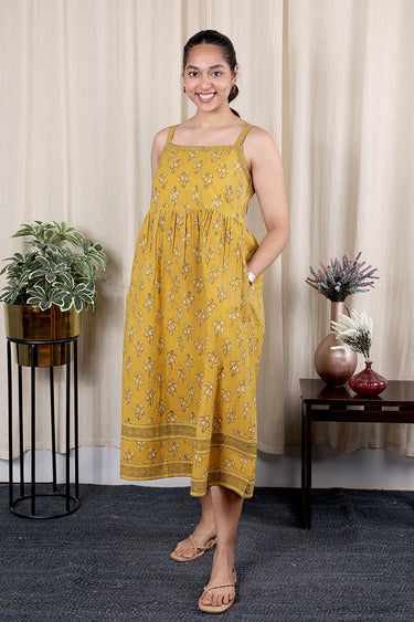 Mustard Ajrakh Cotton Women Midi Dress Sleeveless WDRSL09244.