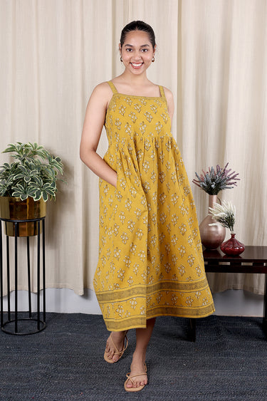 Mustard Ajrakh Cotton Women Midi Dress Sleeveless WDRSL09244.
