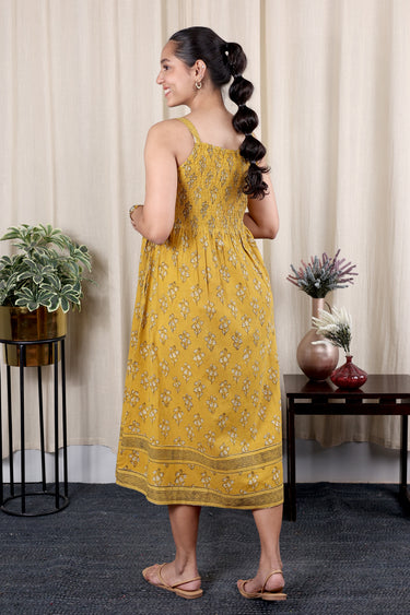 Mustard Ajrakh Cotton Women Midi Dress Sleeveless WDRSL09244.