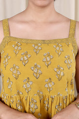 Mustard Ajrakh Cotton Women Midi Dress Sleeveless WDRSL09244.