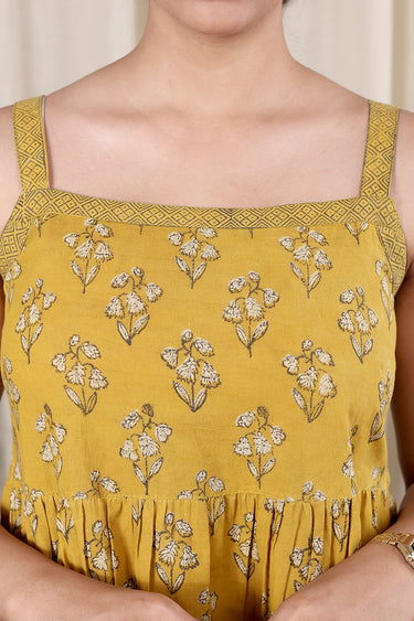 Mustard Ajrakh Cotton Women Midi Dress Sleeveless WDRSL09244.