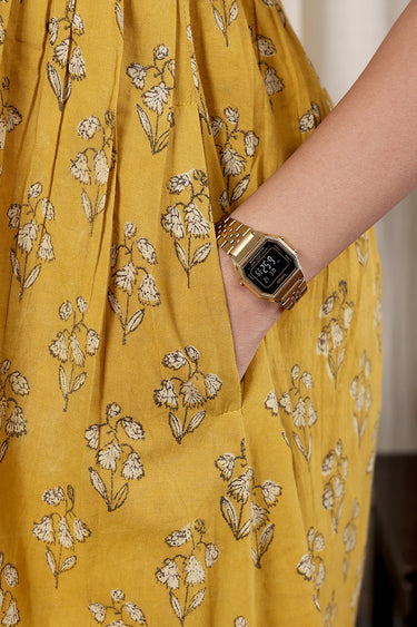 Mustard Ajrakh Cotton Women Midi Dress Sleeveless WDRSL09244.