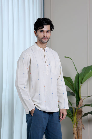 Natural Stripes Dobby Fine Cotton Flax Men Short Kurta