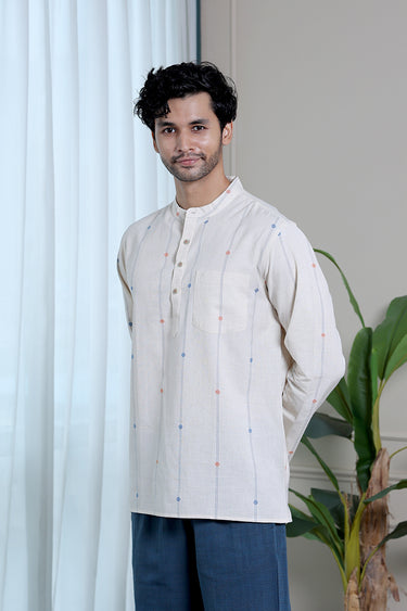 Natural Stripes Dobby Fine Cotton Flax Men Short Kurta