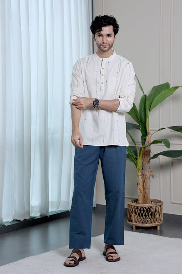 Natural Stripes Dobby Fine Cotton Flax Men Short Kurta