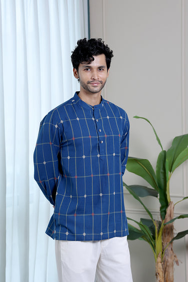 Navy Blue Checks Dobby South Cotton Men Short Kurta