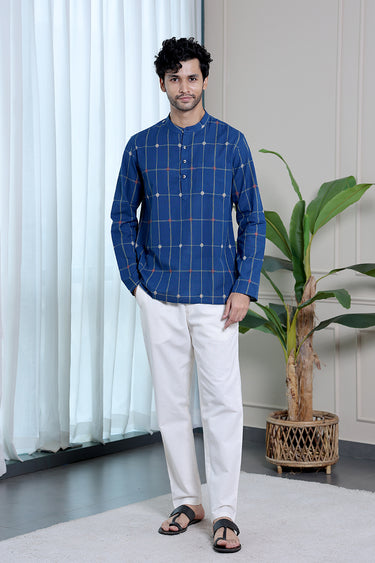 Navy Blue Checks Dobby South Cotton Men Short Kurta