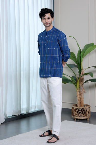 Navy Blue Checks Dobby South Cotton Men Short Kurta