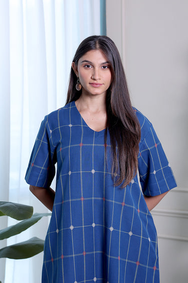Navy Blue Checks Dobby South Cotton Women Midi Dress
