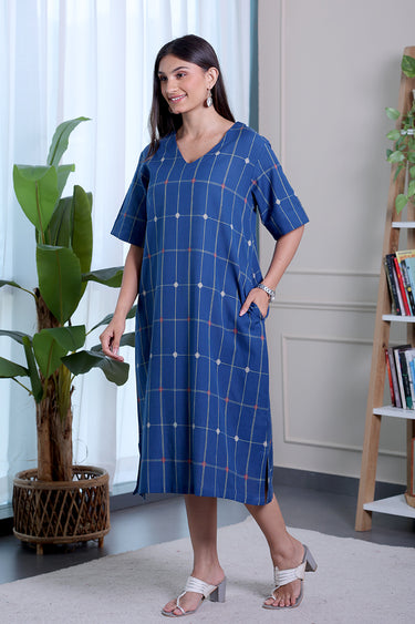 Navy Blue Checks Dobby South Cotton Women Midi Dress