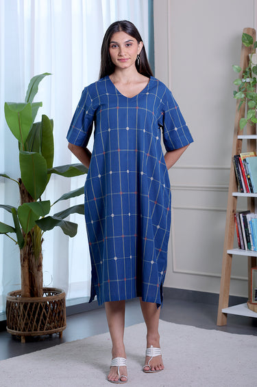 Navy Blue Checks Dobby South Cotton Women Midi Dress