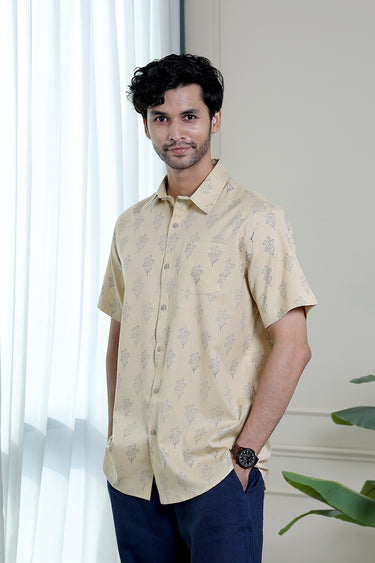 Navy Blue Sanganeri Cotton Flax Men Shirt