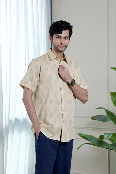 Navy Blue Sanganeri Cotton Flax Men Shirt