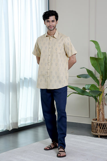 Navy Blue Sanganeri Cotton Flax Men Shirt