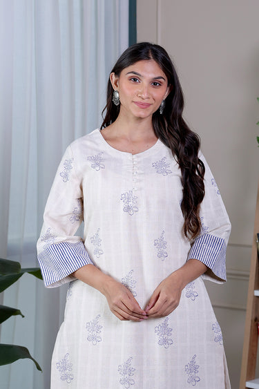 Navy Blue Sanganeri Natural Cotton Linen Women Long Kurta