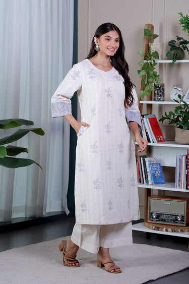 Navy Blue Sanganeri Natural Cotton Linen Women Long Kurta