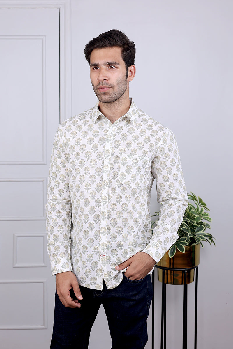 Off White Sanganeri Cotton Flax Shirt Full Sleeves MSHFS032418